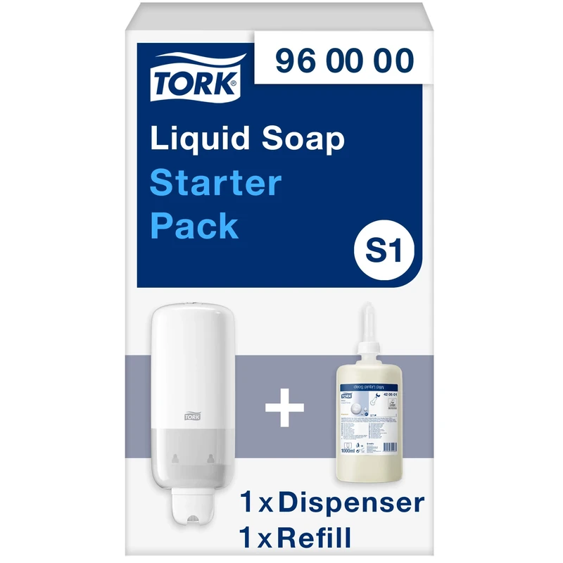 Tork Liquid and Spray Skincare Wall Mounted Dispenser Starter Pack White S1/S11, Economical, Dispenser and 1 x 1000ml Mild Liquid Soap Refill, 960000