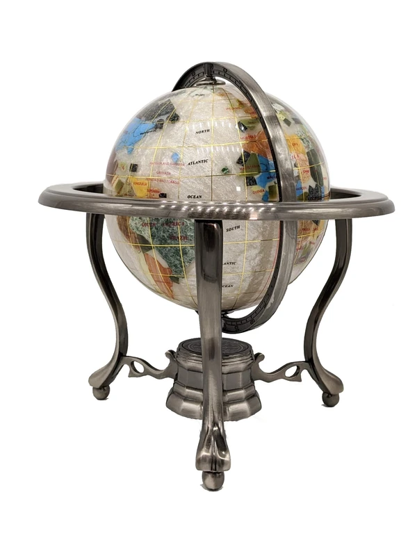 Unique Art 10-Inch by 6-Inch Pure Pearl Swirl Ocean Table Top Gemstone World Globe with Silver Tripod