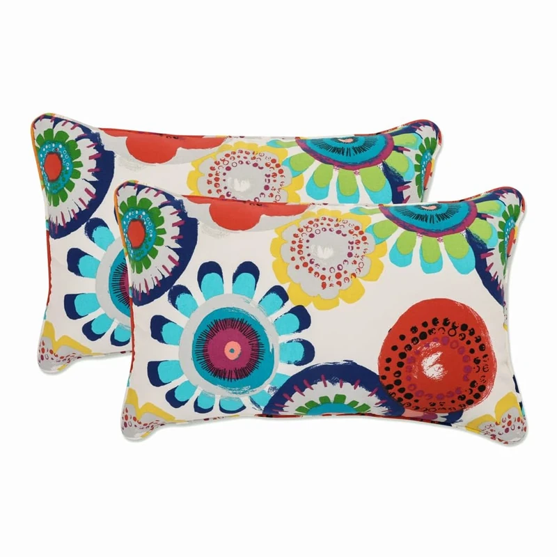 Pillow Perfect Bright Floral Indoor/Outdoor Accent Throw Pillow, Plush Fill, Weather, and Fade Resistant, Lumbar - 11.5" x 18.5", Blue/Ivory Crosby, 2 Count