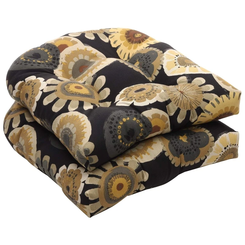 Pillow Perfect 449753 Outdoor Black-Yellow Floral Wicker Seat Cushions - Set of 2