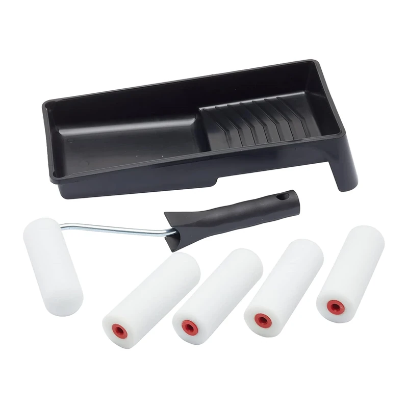 Fit For The Job 7 pc Foam Mini Paint Roller Set for Painting with Gloss & Satin, Wood & Metal, Skirting, Window Sills, Doors, 4 inch Roller and Tray Set