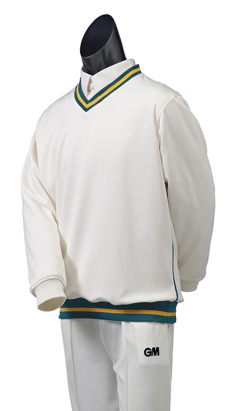 Gunn & Moore GM | Cricket Sweater Pullover | Teknik - Shell Fabric with Fleece Lining | Long Sleeve | Off White with Green & Gold Trimmed Collar & Hem | Medium to fit chest 38-40"