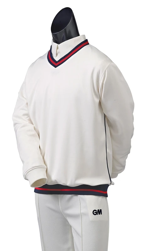 Gunn & Moore GM | Cricket Sweater Pullover | Teknik - Shell Fabric with Fleece Lining | Long Sleeve | Off White with Navy Blue & Red Trimmed Collar & Hem | Large to fit chest 42"