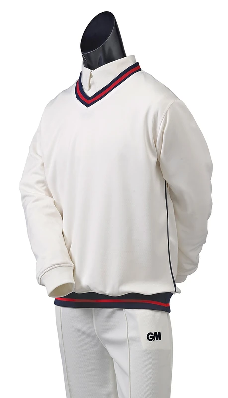 Gunn & Moore GM | Cricket Sweater Pullover | Teknik - Shell Fabric with Fleece Lining | Long Sleeve | Off White with Navy Blue & Red Trimmed Collar & Hem | XL to fit chest 44" - Image 1