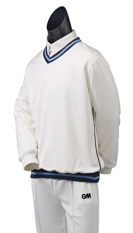 Gunn & Moore GM | Cricket Sweater Pullover | Teknik - Shell Fabric with Fleece Lining | Long Sleeve | Off White with Navy Blue & Sky Blue Trimmed Collar & Hem | XL to fit chest 44"