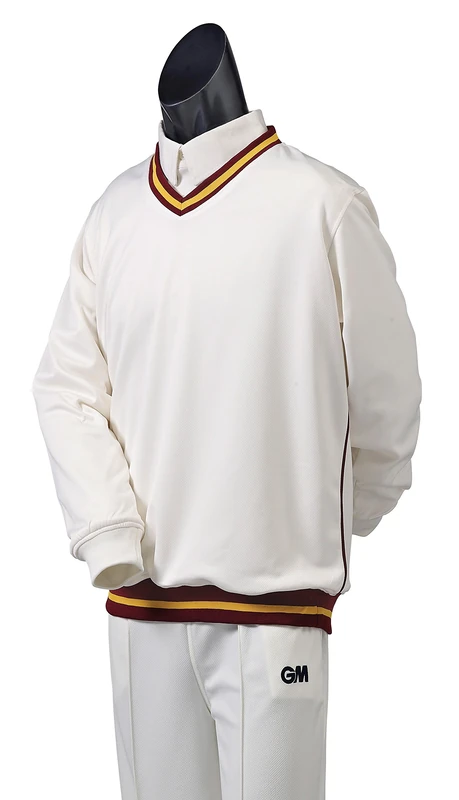 Gunn & Moore GM | Cricket Sweater Pullover | Teknik - Shell Fabric with Fleece Lining | Long Sleeve | Off White with Maroon & Amber Trimmed Collar & Hem | Small to fit chest 36"