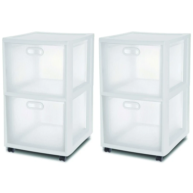 Sterilite 28308002 3 Drawer Cart, White Frame with Clear Drawers and Black Casters, 2-Pack