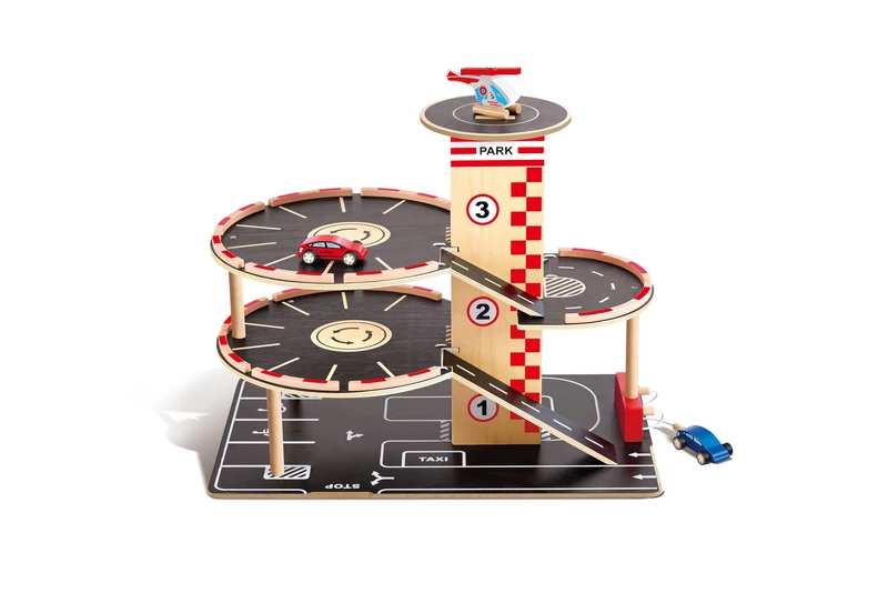Sustainable Wood Toy Car, Toys For Kids, Hape “Park And Go” Garage Set With 4 Levels, 1 Lift, 2 Toy Cars, 1 Toy Helicopter. 3 years +