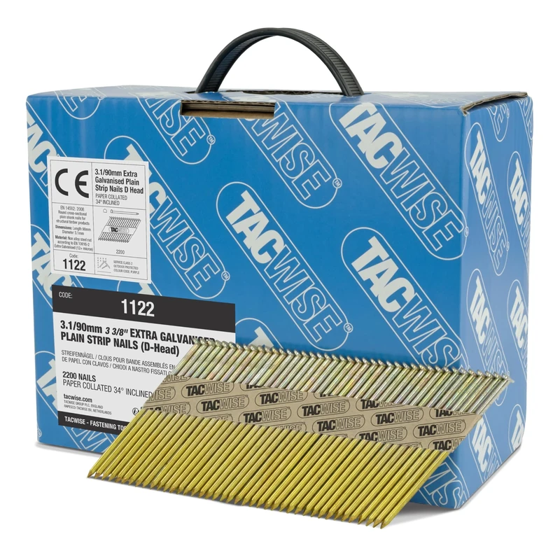 TACWISE 1122 Extra Galvanised Framing Nails 3.1/90 mm, D Head, Plain Shank, 34° Inclined, Paper Collated, Pack of 2200