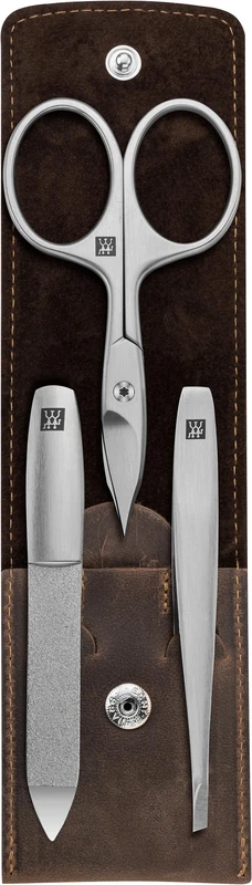 ZWILLING Manicure Set (3 piece, Nail Care and Pedicure, Genuine Leather case, Precise, with Combination Nail Scissors), Premium, Brown