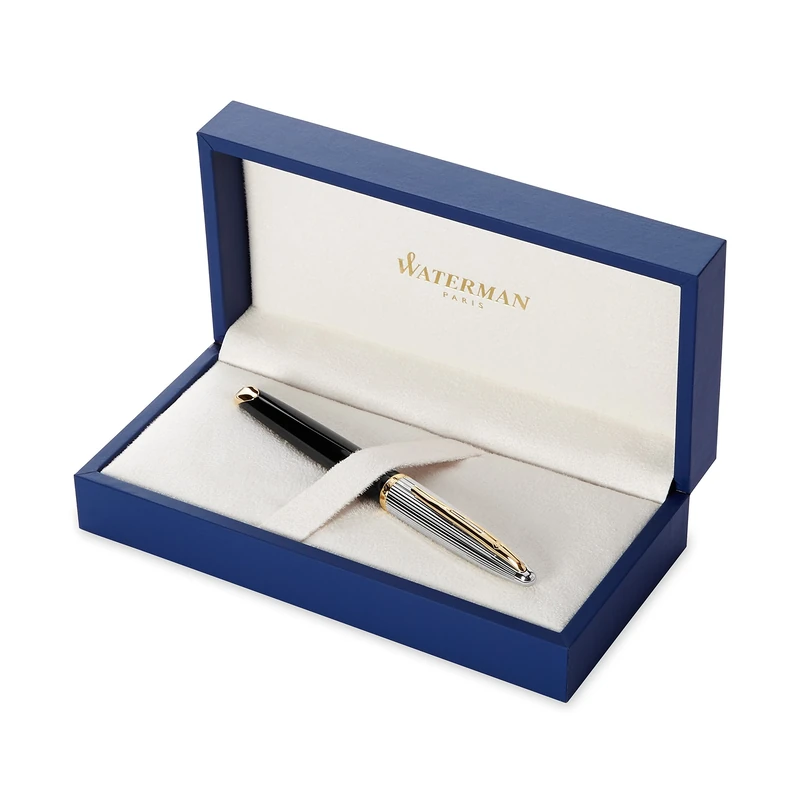 Waterman Carène Deluxe Fountain Pen | Gloss Black & Silver Plated with 23k Gold Clip | Fine Nib with Blue Ink Cartridge | Gift Box