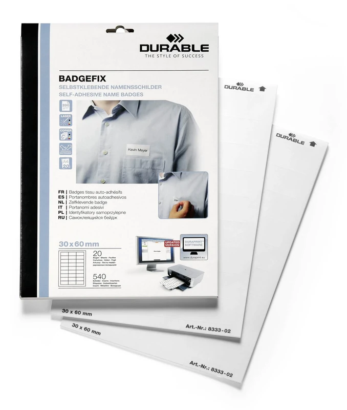 Durable DB80664 Badgefix Self-Adhesive Name Badge 30 mm x 60 mm - White (Pack of 20 Sheets/540 Badges)