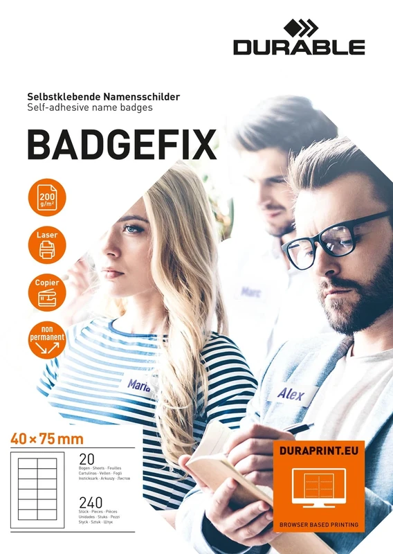 Durable DB80666 Badgefix Self-Adhesive Name Badge 40 mm x 75 mm - White (Pack of 20 Sheets/240 Badges)