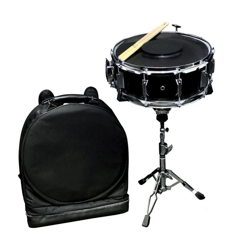 PURE GEWA Snare Drum Starter Set 14x5.5" poplar shells black wrapped, twofold extendable, with Rucksack bag, rubber pad and 1 pair sticks