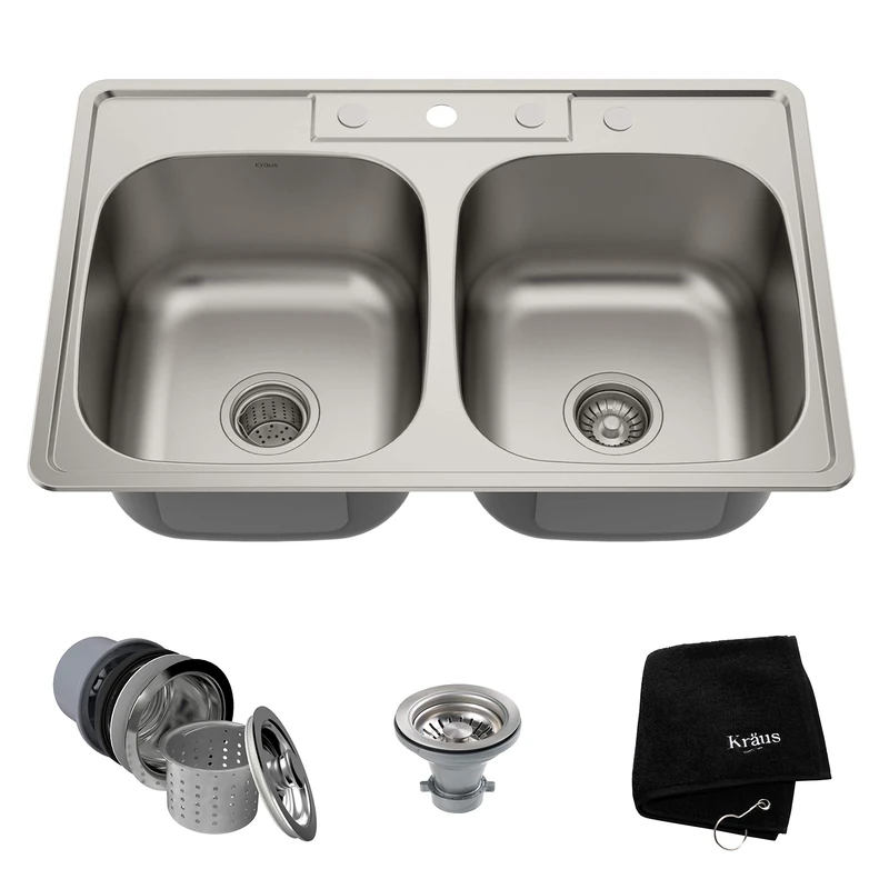 Kraus KTM33 33 inch Topmount 50/50 Double Bowl 18 Gauge Stainless Steel Kitchen Sink