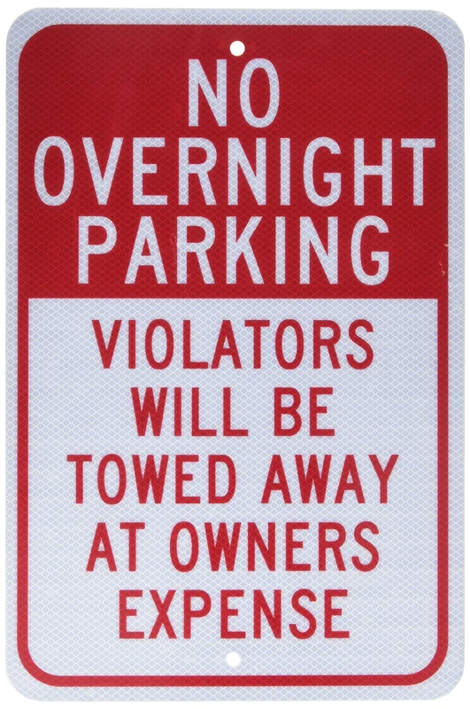 NMC TM57J Traffic Sign, Legend"NO OVERNIGHT PARKING VIOLATORS WILL BE TOWED AWAY AT OWNER'S EXPENSE", 12" Length x 18" Height, Engineer Grade Prismatic Reflective Aluminum 0.080, Red On White - Image 1