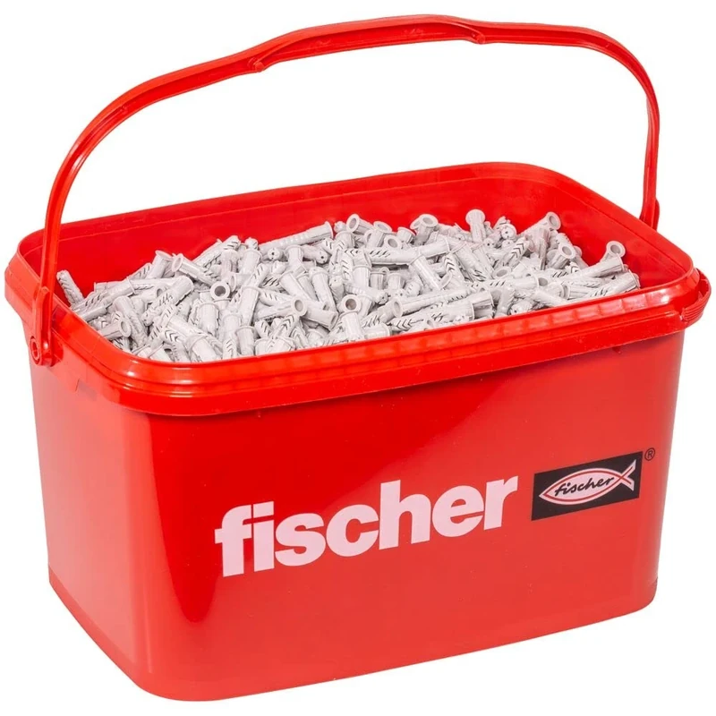 fischer 508027 Universal Dowel 6 x 35 R in Practical Bucket, The Universal Nylon Dowel with Edge for All Building Materials, Pack of 2,500 in Storage Bucket, UX Dowels, Grey