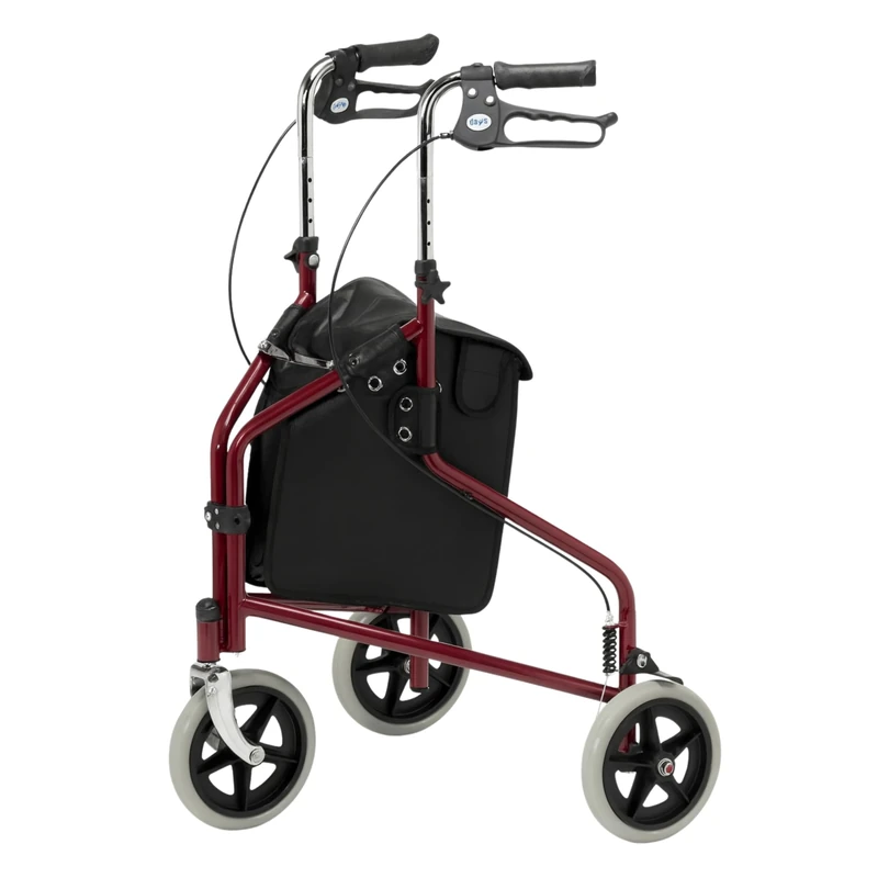 Days Tri Wheel Folding Walker with Loop and Lockable Brakes, Mobility Aid, Easy to Manoeuvre & Height Adjustable, For Eldery and Disabled Users, Red