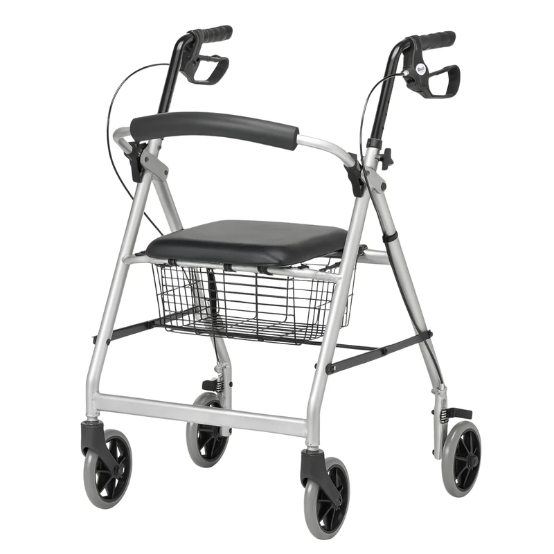 DAYS Essentials Rollator Walker with Seat - Lightweight Mobility Walker, Folding Frame with Padded Seat, Backrest & Basket, Walking Aid for Elderly, Adjustable Handles, Mobility Aids - Silver/Grey
