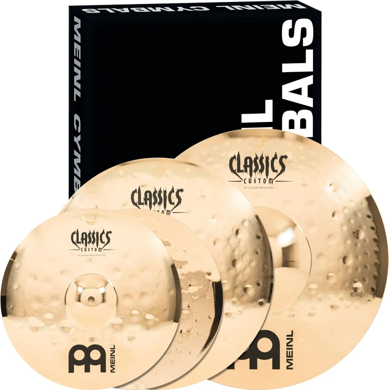 Meinl Cymbals Classics Custom Extreme Metal Cymbal Set Box Pack (Video) with 14 inch Hihat, 18 Crash, 20 Ride cymbal for Drum Kit (35,56-50,80cm) B12 Bronze, Brilliant Finish (CC-EM480)