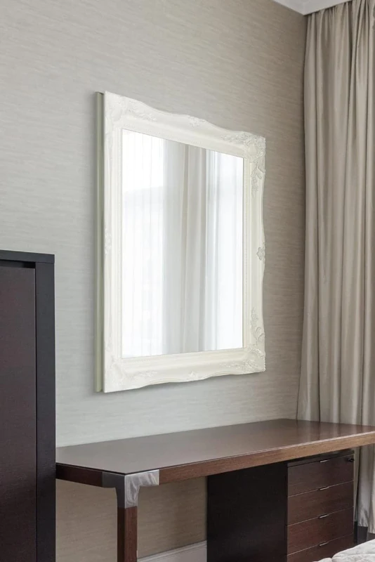 Large White Mirror Antique Ornate Design Overmantle 30" X 26"