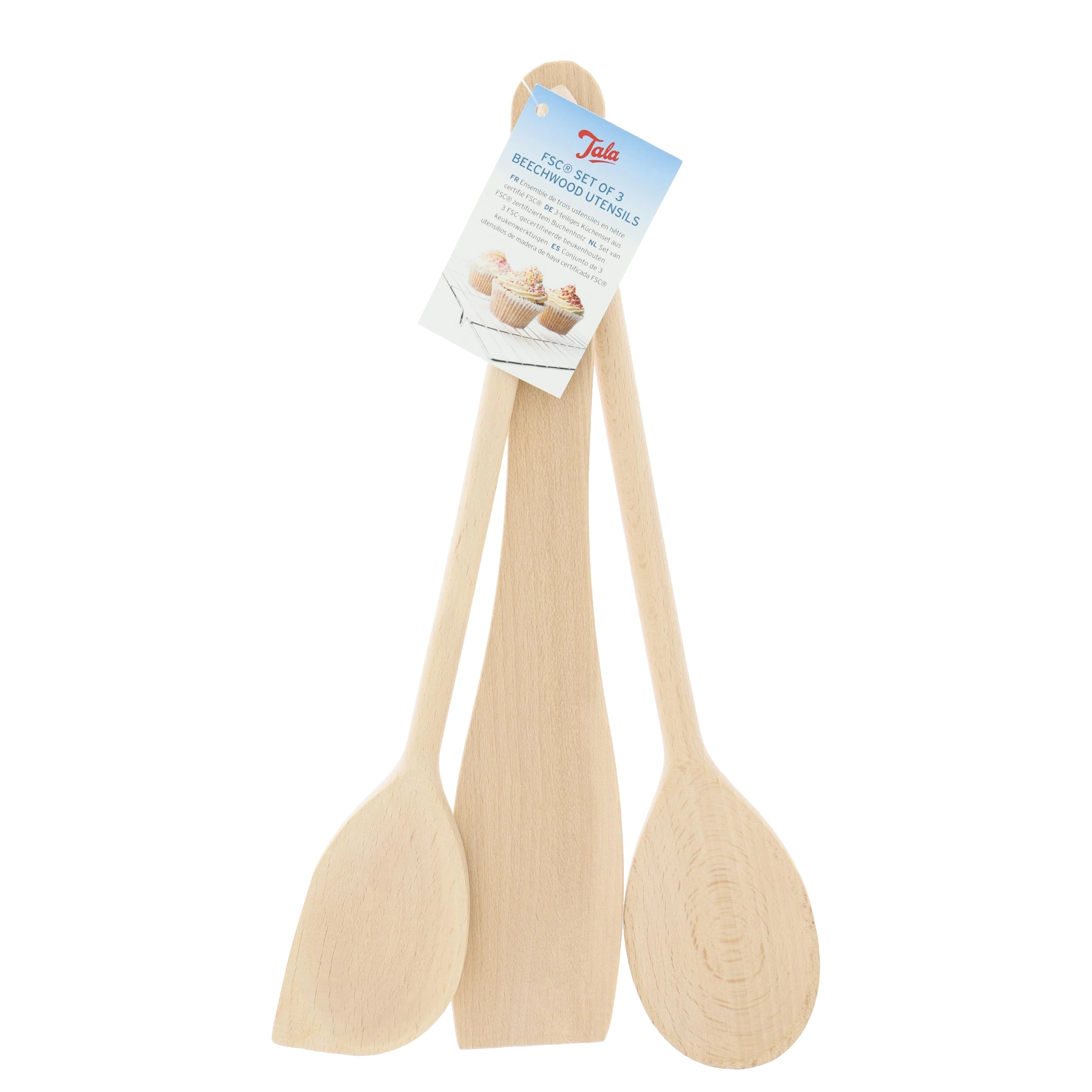 Tala Set of 3 Wooden Cooking Utensils - Wooden Spatulas for Cooking, Spoon & Scraper Spoon - Heat Resistant, Easy to Use, Easy to Clean - Bakeware Accessories - Set of 3