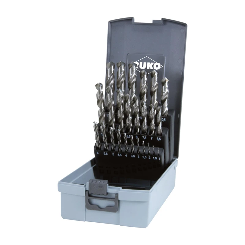 RUKO HSS-G Twist Drill Bit Set in Plastic Case, DIN 338, Type N, Bright Finish, 25 Pieces, R214215RO