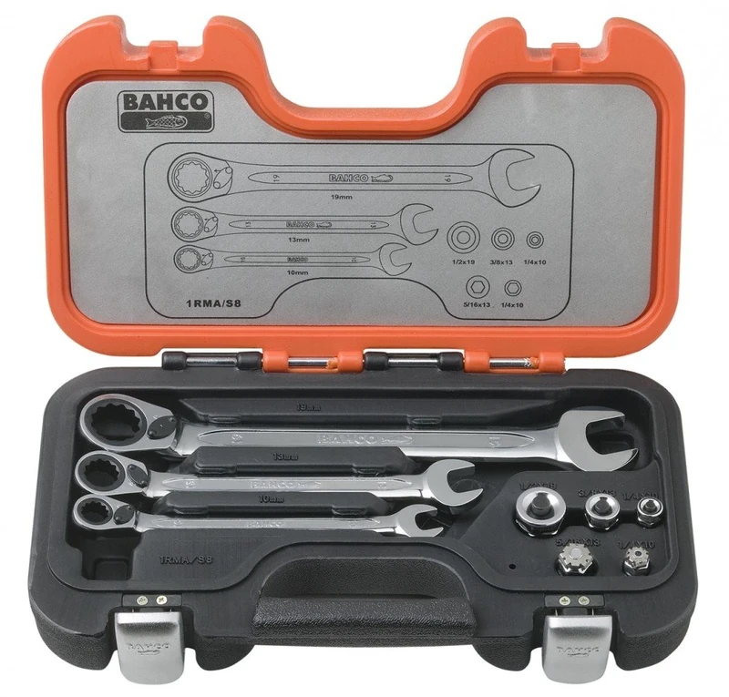 Bahco 1RMA/S8 Ratcheting Combination Wrench Set with Adaptors, Multi-Colour, Set of 8 Pieces - Image 1