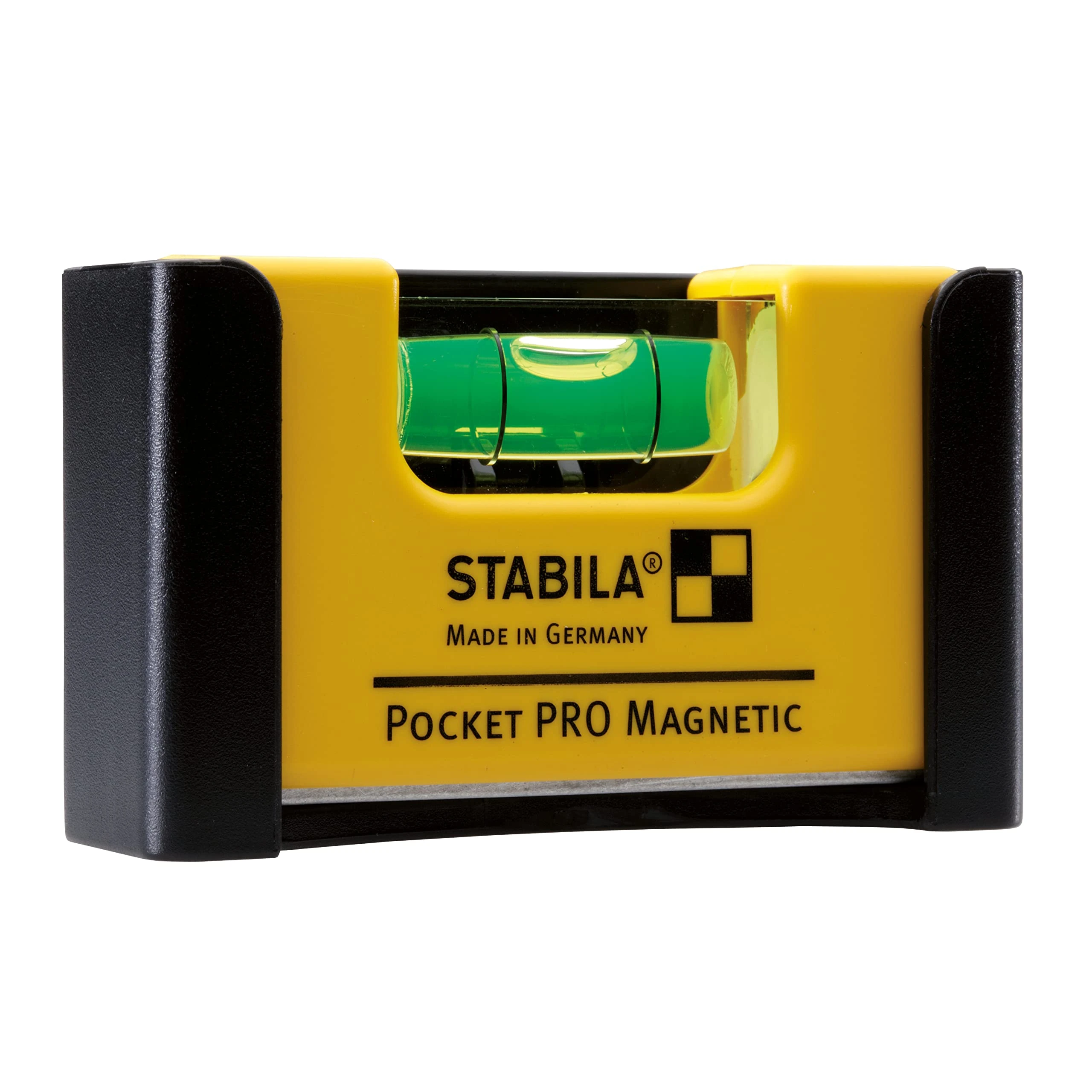 STABILA Pocket PRO Magnetic mini spirit level with belt clip, 7 cm, strong rare earth magnet, 1 horizontal level, made in Germany, yellow, 15 x 8 x 20 cm