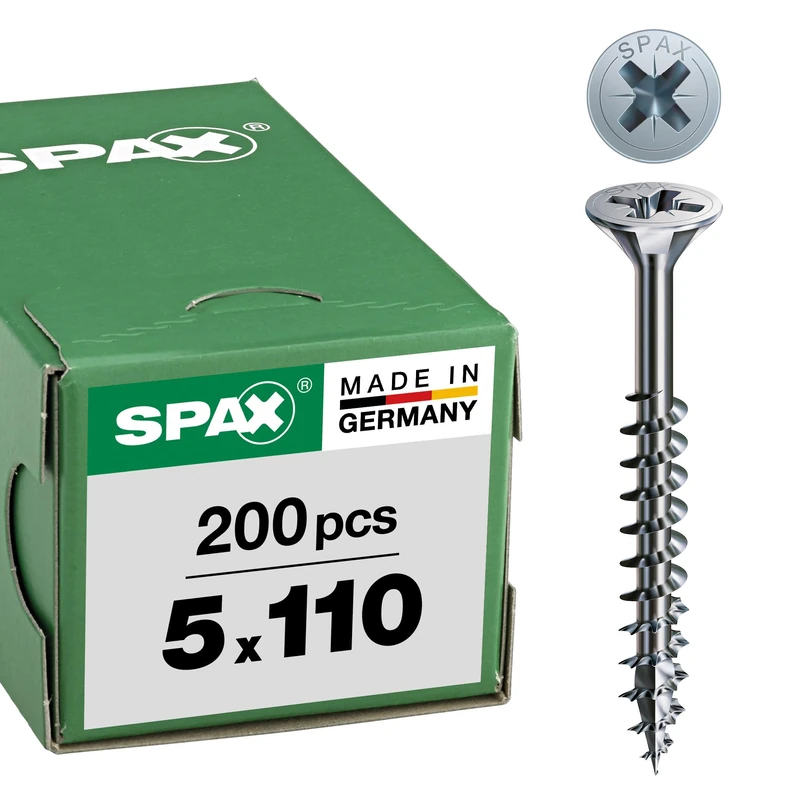 SPAX Universal Screw, 5.0 x 110 mm, Pack of 200, Phillips Z2, Countersunk Head, Fully Threaded, 4CUT, Wirox A3J, 1081010501105