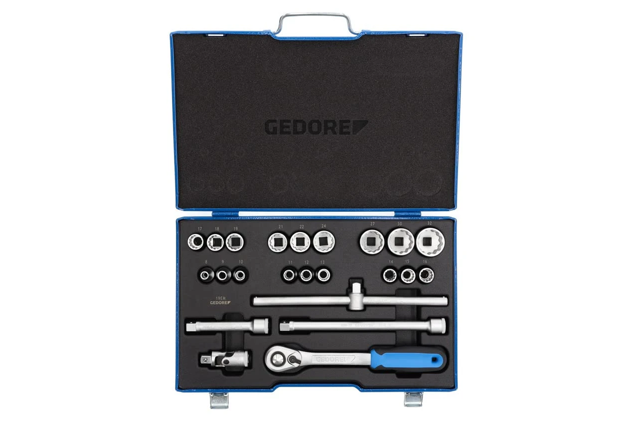 GEDORE 23-piece Socket spanner set, Bi-hex, 1/2", 8-24 mm, Tool, Ratchet with lever reverse, for carmotive, D19 EMU 20