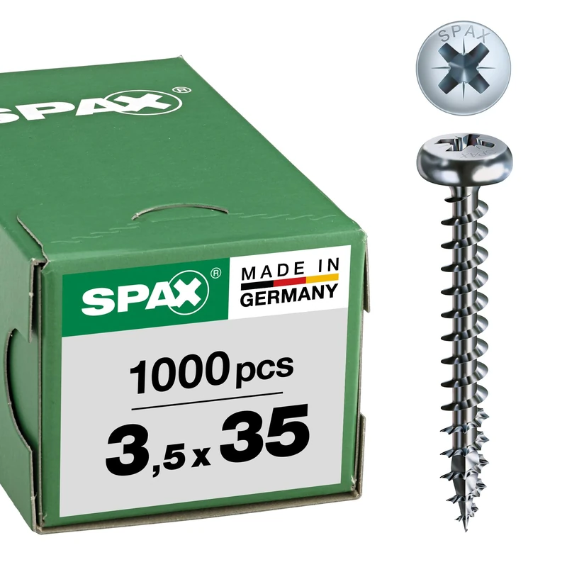 SPAX 0231010350355 Universal Screw, 3.5 x 35 mm, Pack of 1000, Phillips Z2, Half Round Head, Fully Thread, 4CUT, WIROX A3J,