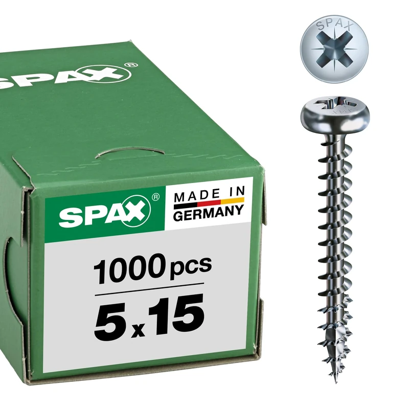 SPAX 0231010500155 Universal Screw, 5.0 x 15 mm, Phillips Z2, Half Round Head, Fully Threaded 4CUT, WIROX A3J, Pack of 1000