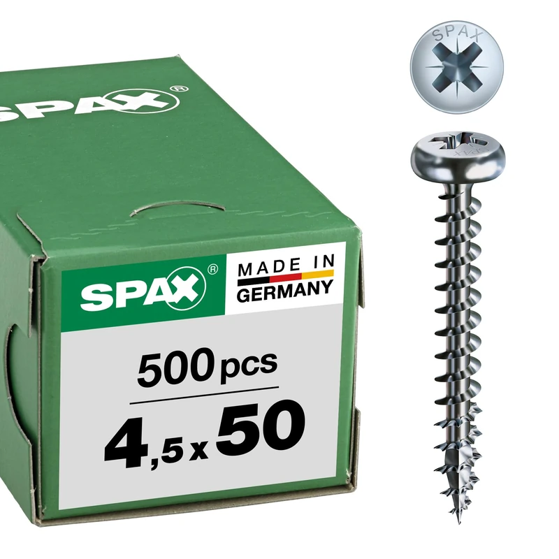 SPAX Universal screw, 4,5 x 50 mm, 500 pieces, full thread, pan head, cross recess Z2, 4CUT, WIROX - 0231010450505