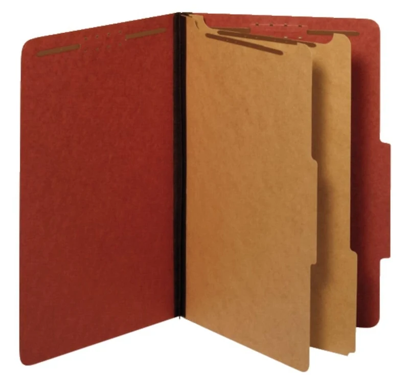 Pendaflex Recycled Classification Folders, 2 Dividers, 2" Integrated Fasteners, 2/5 Tab Cut, Legal Size, Red, Box of 10 (29075R)