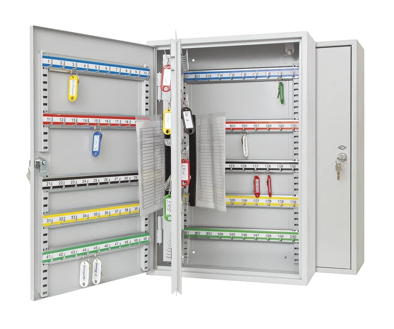 Wedo 10272037X Key Cabinet for 200 Hooks, Powder-Coated Sheet Steel, 38 x 14 x 55 cm, Safety Lock Including 2 Keys, Hook Rail Individually Adjustable) Light Grey