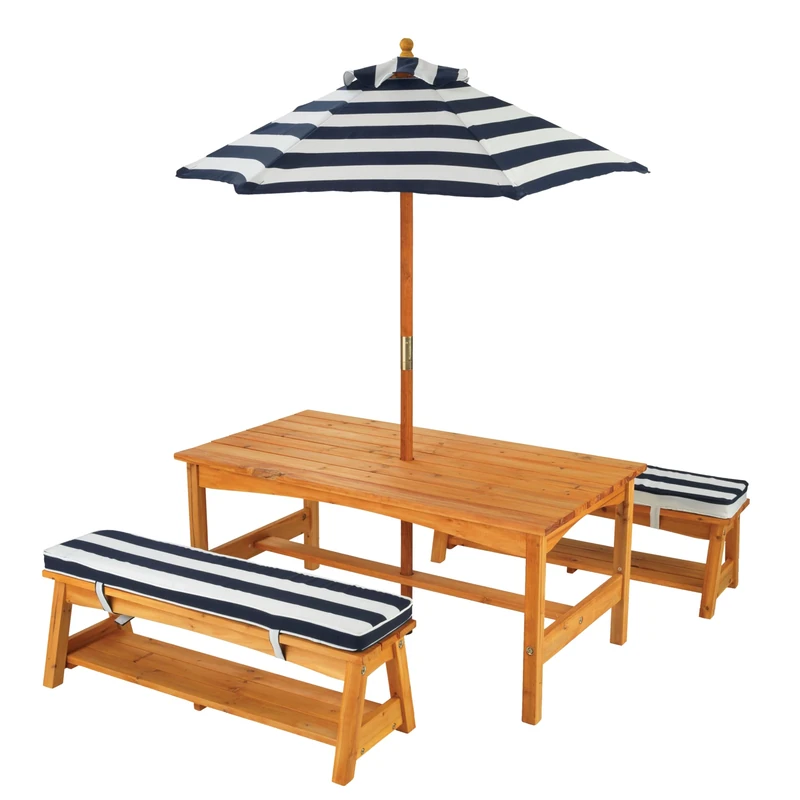 KidKraft Wooden Garden Table and Bench set for Kids with Cushions and Parasol, Outdoor Garden Furniture For Children, Navy and White Stripes, 00106