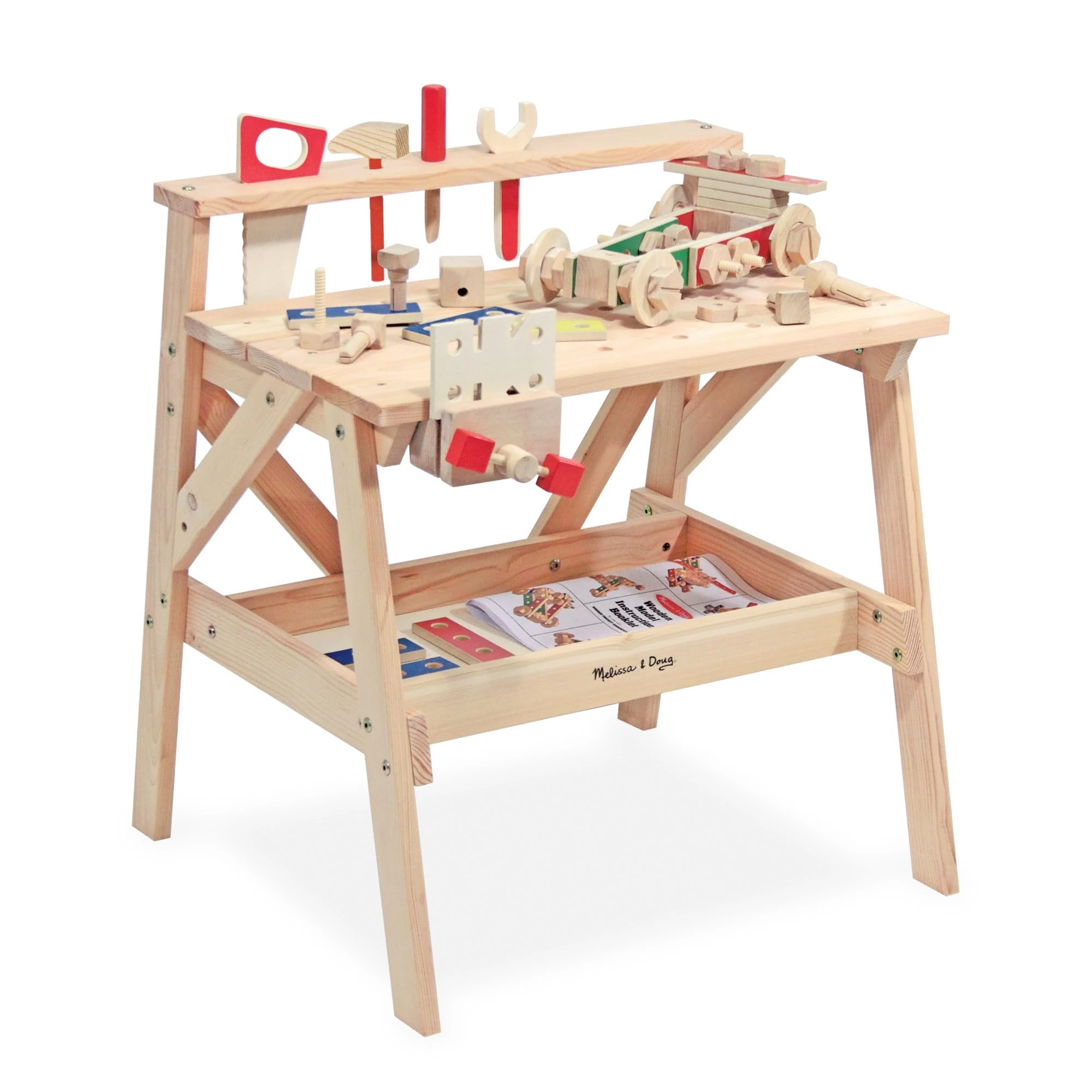 Melissa & Doug Wooden Project Solid Wood Workbench – Sturdy Kids’ Tool Bench with Functioning Vise, Tool Rack & 55-Piece Construction Set – Pretend Play Toy for Kids Age 3 Plus