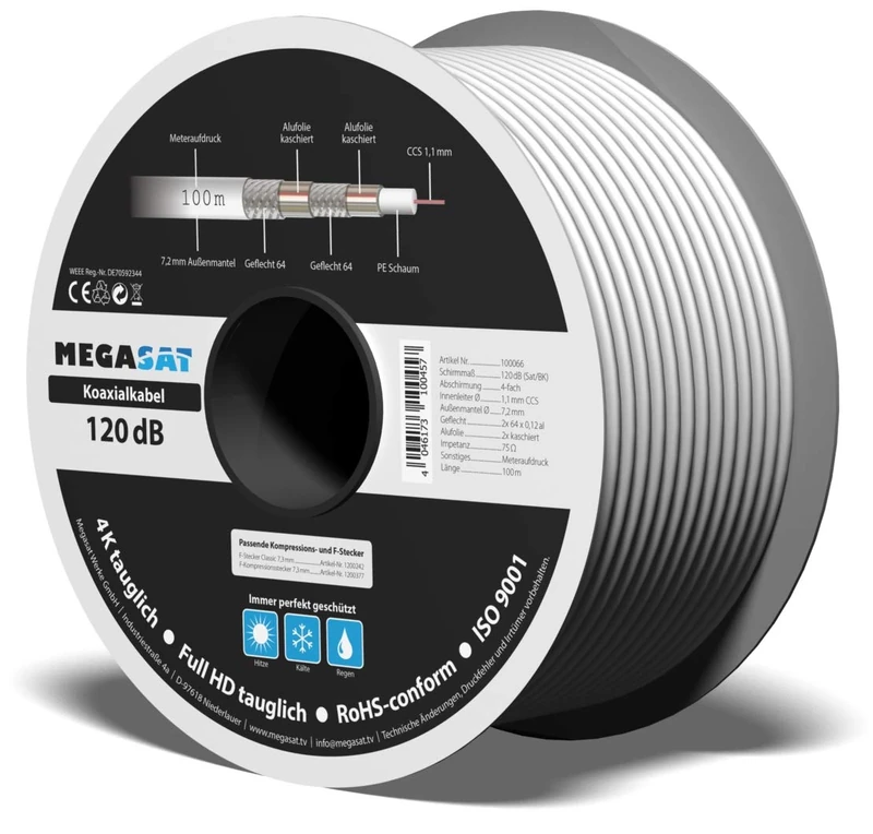 Megasat 75 Ohm Coaxial Cable White 100 m – COAXIAL CABLE 120 dB 100 m 120 dB 100 m 75 Ohm, 1.1 mm, copper, 7.2 mm, 100 m, White)