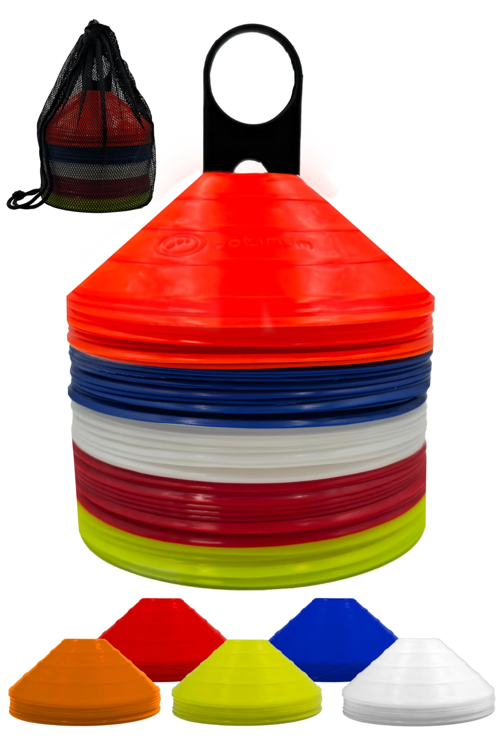 Optimum Set of 50 Football Space Marker Cones & Carry Stand, Multi Sports Multicolored