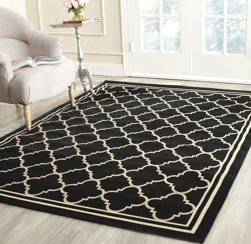 SAFAVIEH Geometric Rug for Living Room, Dining Room, Bedroom - Waterproof - Courtyard Collection, Short Pile, in Black and Beige, 79 X 152 cm