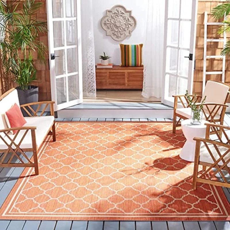 SAFAVIEH Trellis Rug for Indoor & Outdoor - Courtyard Collection, Short Pile, in Terracotta and Bone color, 79 X 152 cm
