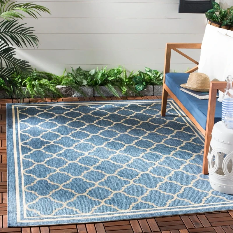 SAFAVIEH Geometric Rug for Living Room, Dining Room, Bedroom - Courtyard Collection, Short Pile, in Blue and Beige, 160 X 231 cm