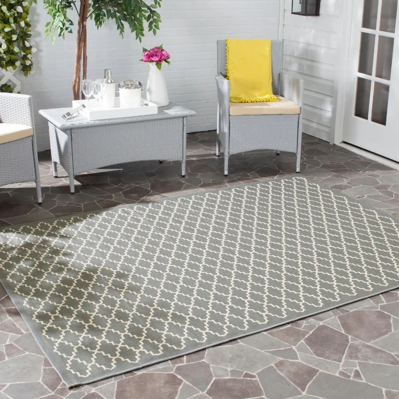 SAFAVIEH Trellis Rug for Indoor & Outdoor - Courtyard Collection, Short Pile, in Anthracite and Beige color, 160 X 231 cm