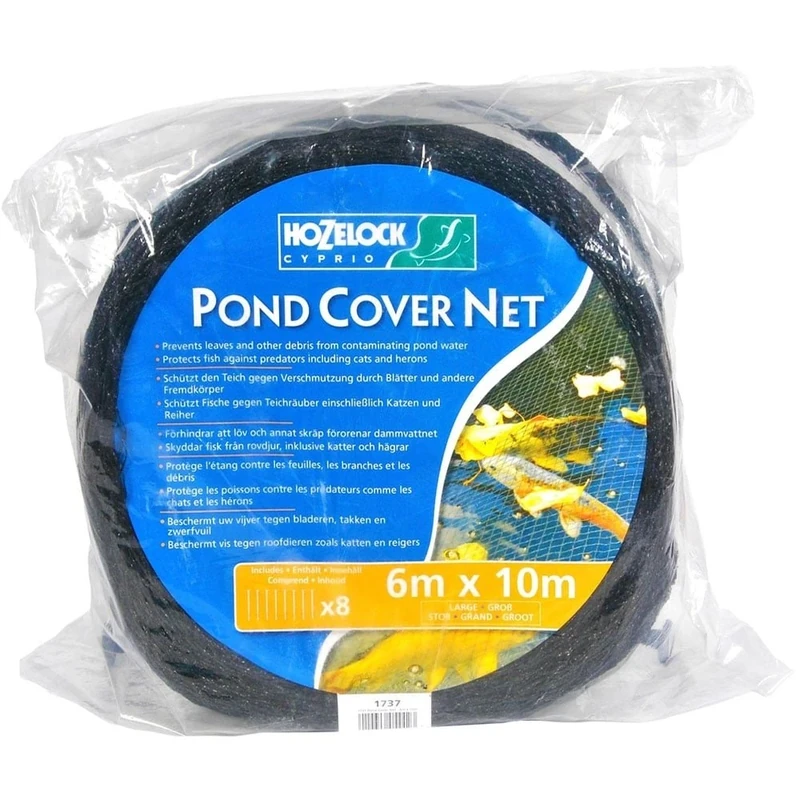 HOZELOCK - Pond Protection Net 6 x 10 m : Ideal for Protecting the Pond from Leaves, Large Debris and Predators, Supplied with 4 Stakes [1737 0000]