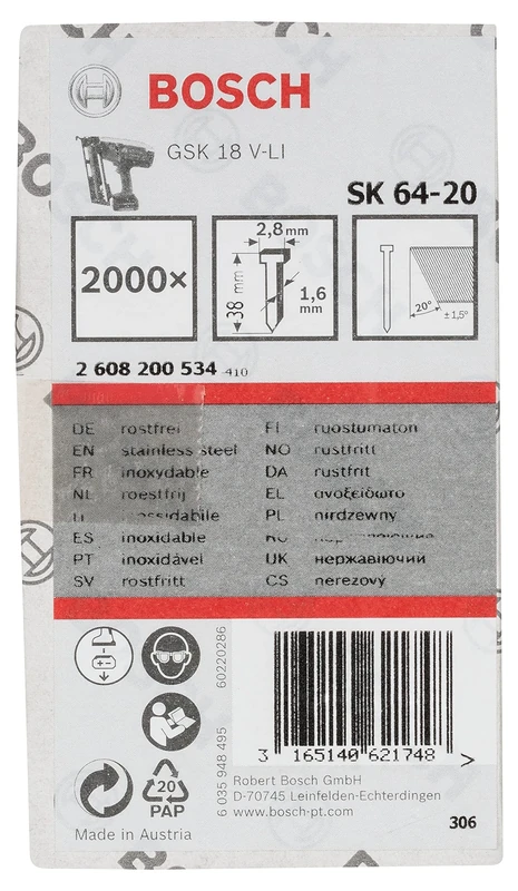 Bosch Professional 2000x Finish Nails SK64 20NR (1.6/16 g 20°, 2.8x1.35x38 mm, Stainless Steel, Accessories for Nail Guns)