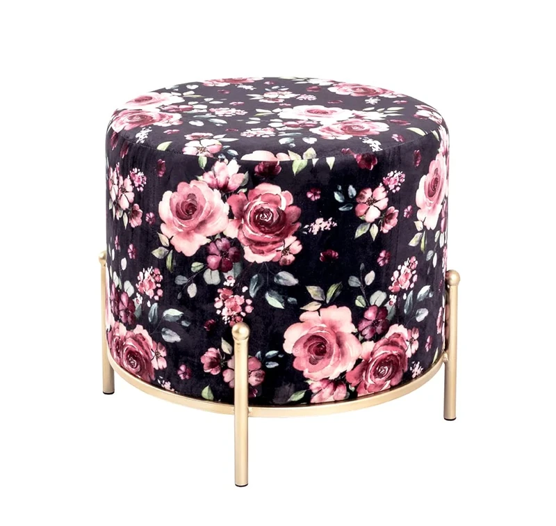 HAKU Möbel Stool Gold, Motif, Mdf, Metal, Fabric - Size: H 40 cm X Ø 48 cm, Style: Bohemian