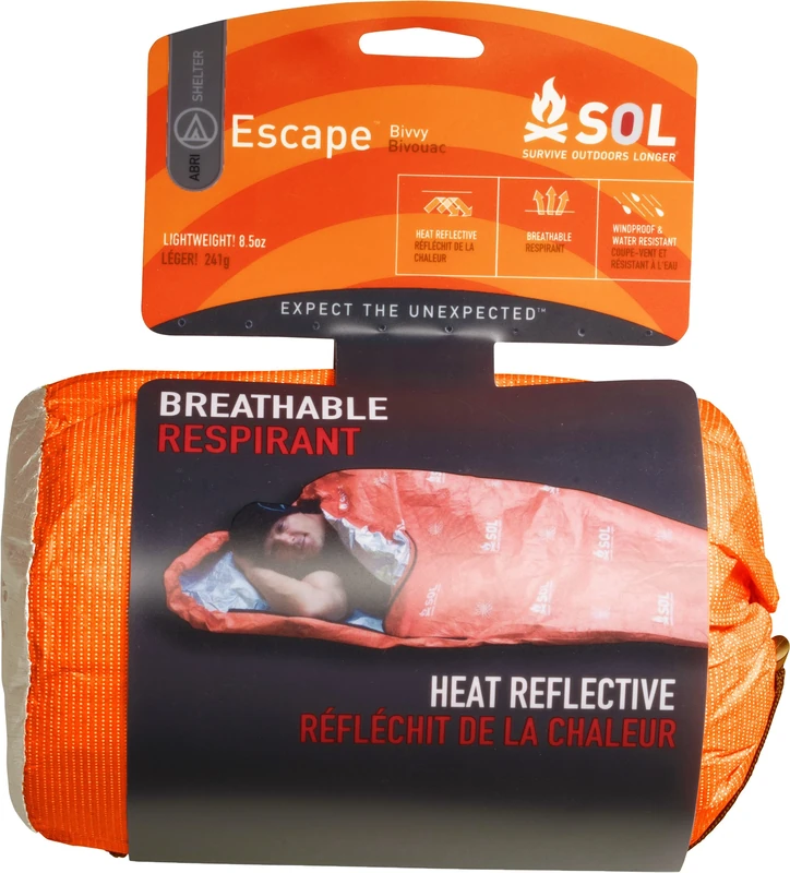Adventure Medical Kits Sol Escape Bivvy Durable Orange Breathable Reflects 70% Body Heat Puncture Resistant Lightweight 241 g Wgt 2130 mm x 810 mm Combines Durability Warmth and Breatheability