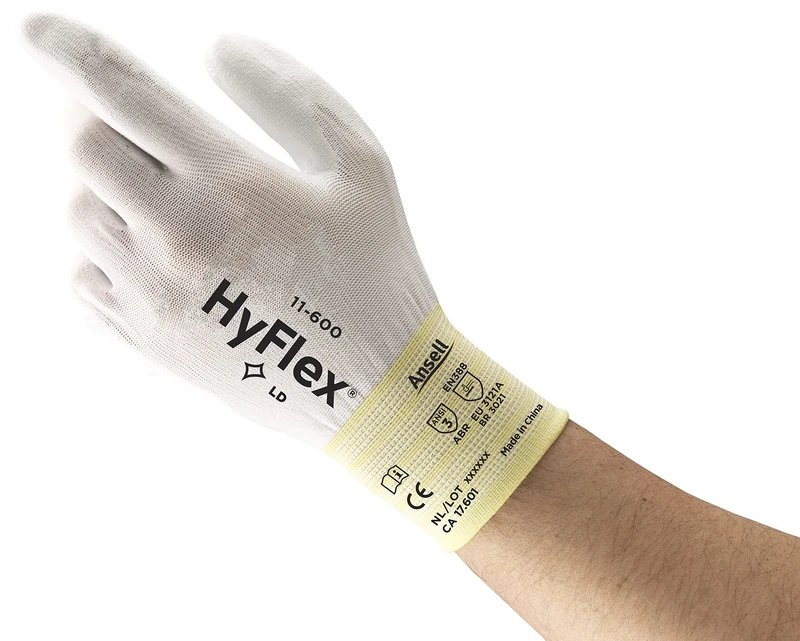 Ansell HyFlex 11-600 Thin Work Gloves, Stretch Fit Nylon Liner with Flexible PU Coating, Lightweight Safety Gloves for Precision Handling, DIY and Mechanics, White, Size L (12 Pairs)