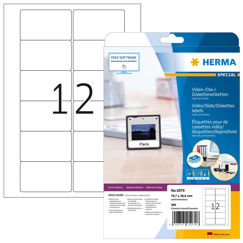 HERMA Self Adhesive Video Cassette Labels, 12 Labels per A4 Sheet, 800 Sheets, 78.7 x 46.6 mm, 9600 Labels, Blank VHS Video Face Labels Stickers, Sticky Labels for Laser & Inkjet Printer, White